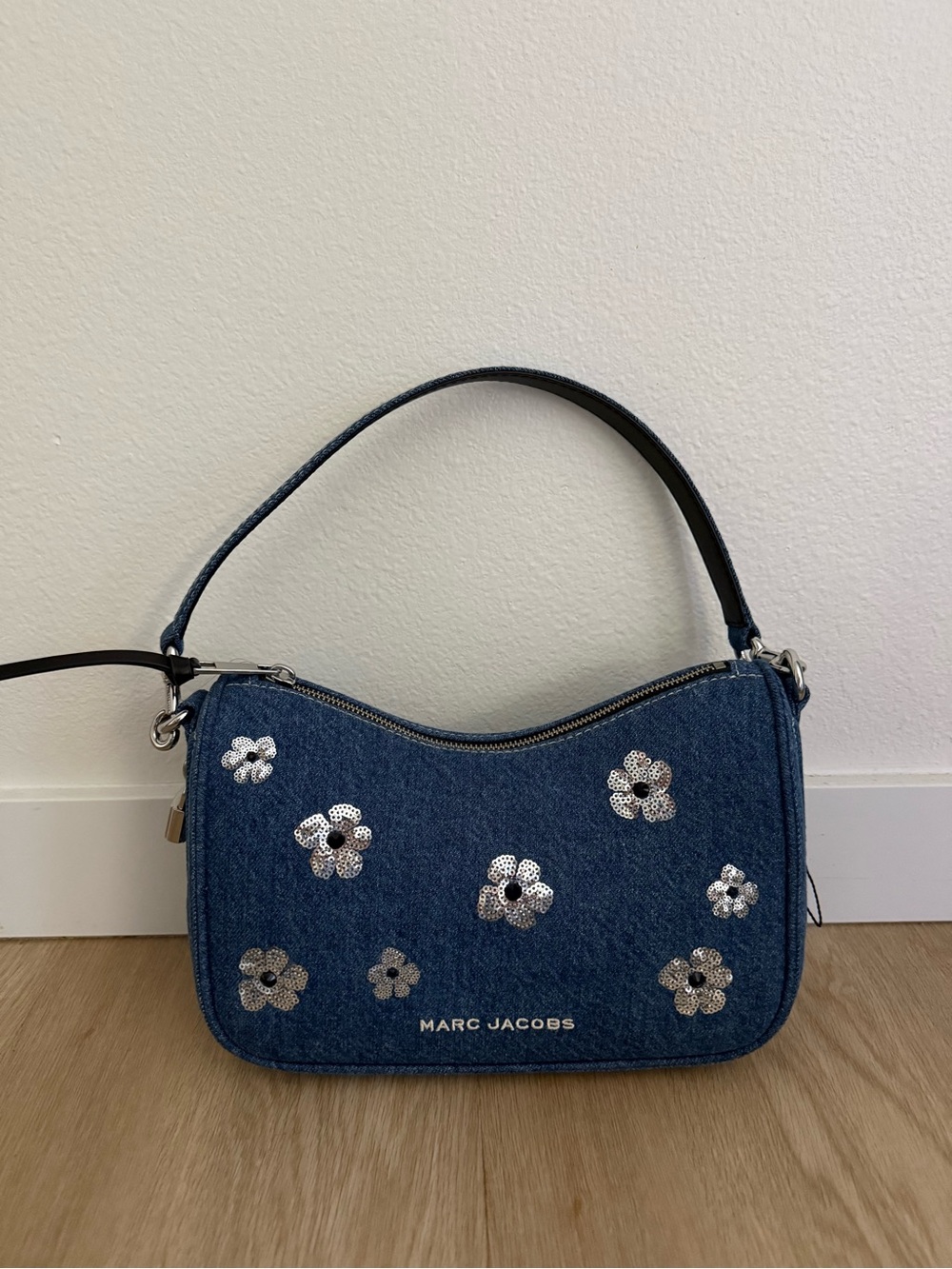 Marc Jacobs Denim Shoulder Bag with Silver Sequin Floral Accents - Blue